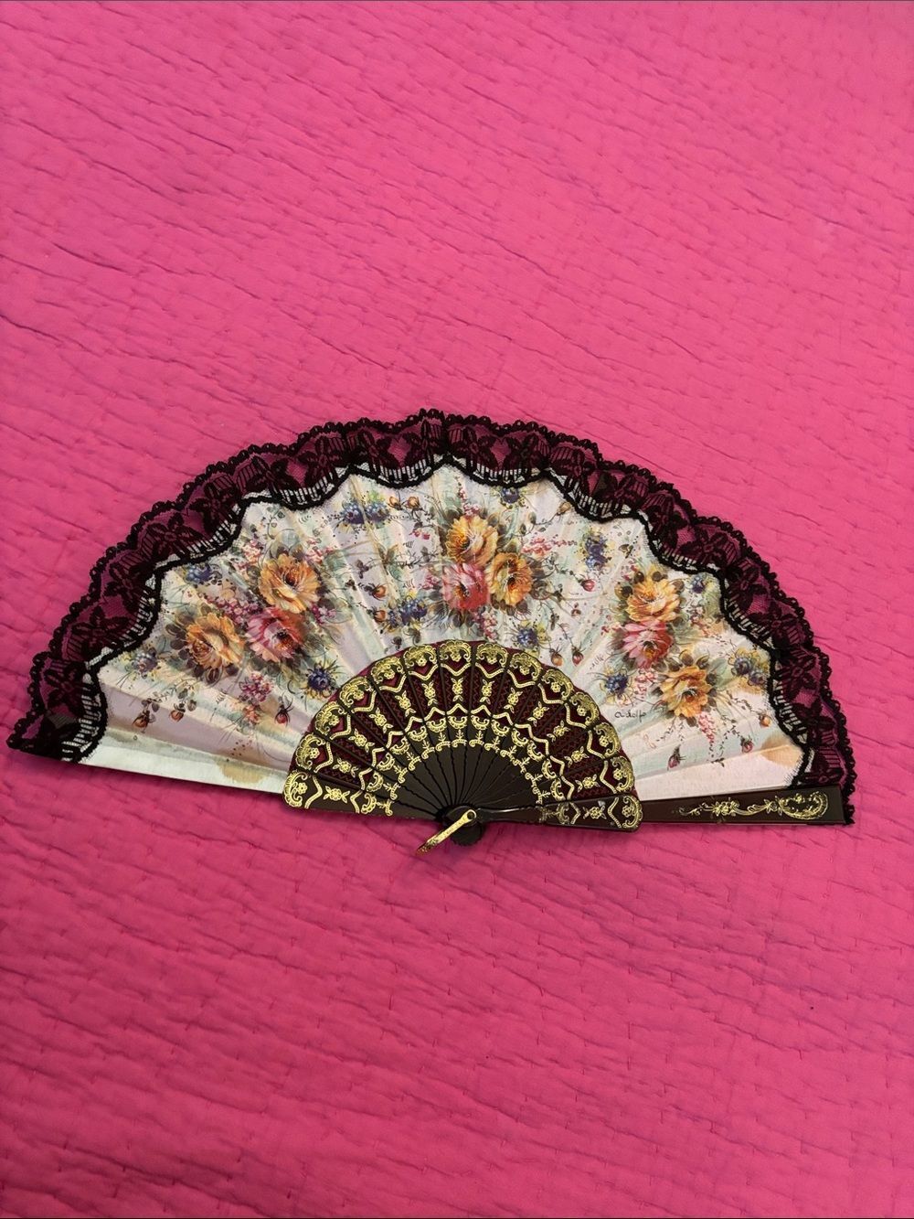 Floral Lace Hand Fan in Pink with Gold Accent